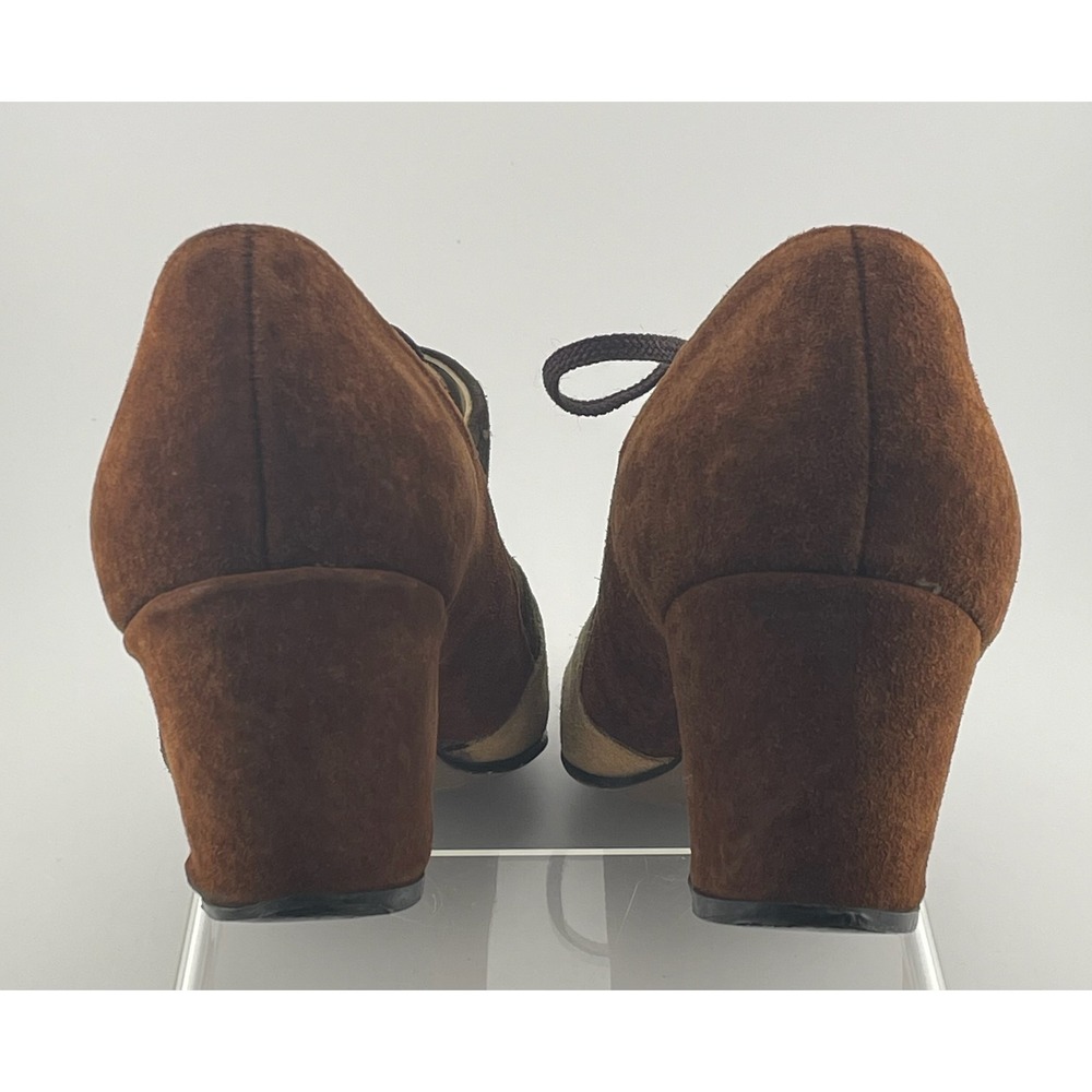 Vintage 60s Hush Puppies Colorblock Suede Mod Heels Lace Up Brown 8M pumps - Picture 8 of 16